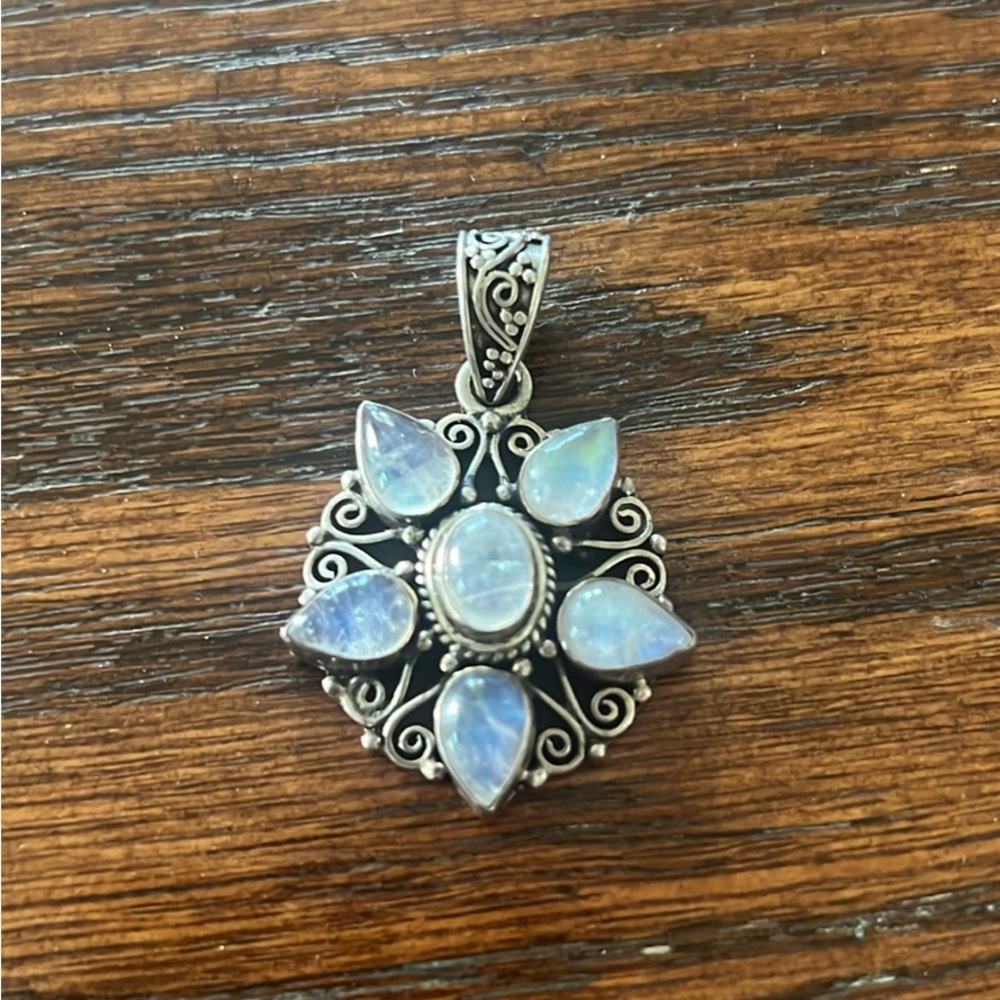 Sterling Silver Moonstone Floral Pendant - Blue White Gemstones